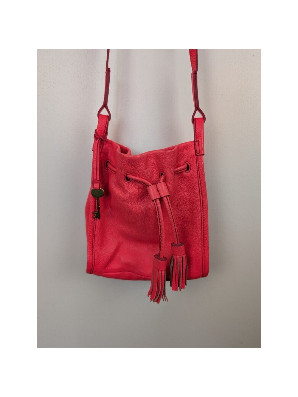 Fossil Purse Neon Pink Leather Bucket Bag Crossbody 9x9" Salmon Drawstring